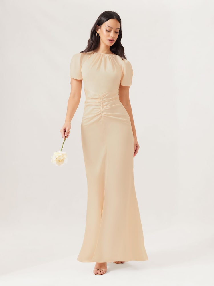 Lipsy Cream Short Sleeve Ruched Front Split Bridesmaid Dress - Image 1 of 4