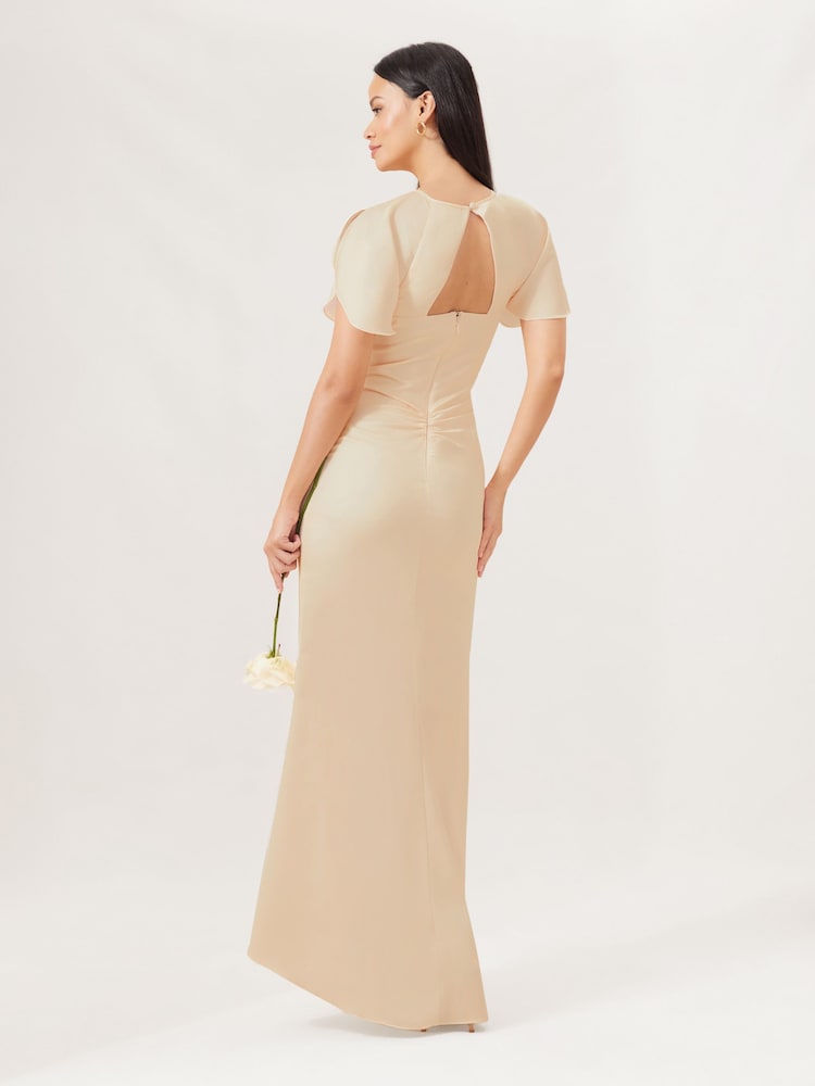 Lipsy Cream Short Sleeve Ruched Front Split Bridesmaid Dress - Image 2 of 4