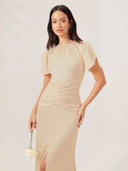 Lipsy Cream Short Sleeve Ruched Front Split Bridesmaid Dress - Image 4 of 4
