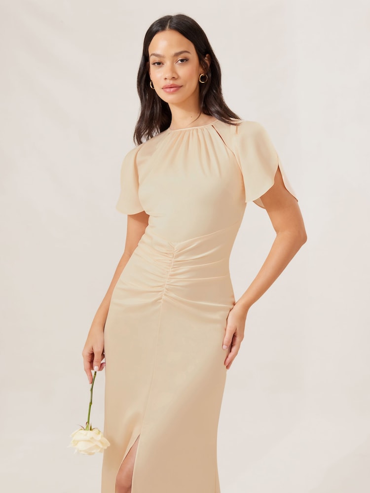 Lipsy Cream Short Sleeve Ruched Front Split Bridesmaid Dress - Image 4 of 4