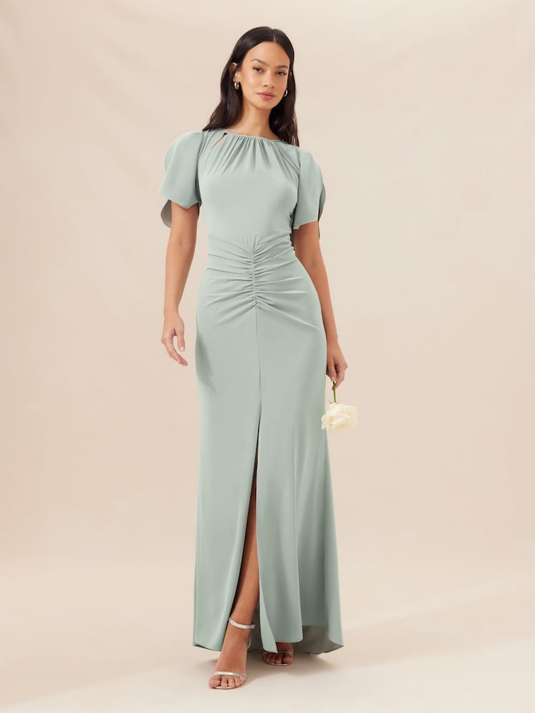 Lipsy Sage Green Short Sleeve Ruched Front Split Bridesmaid Dress - Image 1 of 4
