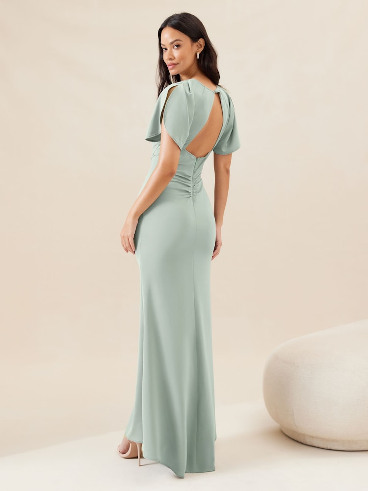 Lipsy Sage Green Short Sleeve Ruched Front Split Bridesmaid Dress - Image 2 of 4