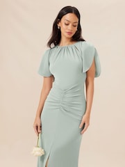 Lipsy Sage Green Short Sleeve Ruched Front Split Bridesmaid Dress - Image 4 of 4