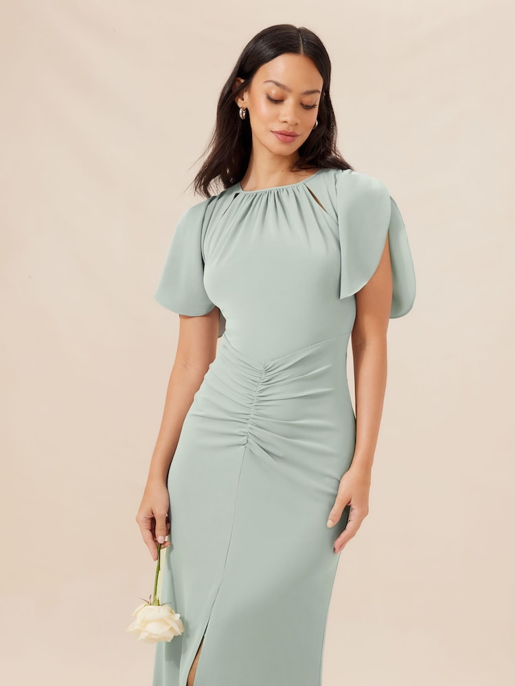 Lipsy Sage Green Short Sleeve Ruched Front Split Bridesmaid Dress - Image 4 of 4