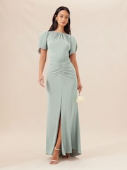 Lipsy Sage Green Petite Short Sleeve Ruched Front Split Bridesmaid Dress - Image 1 of 4
