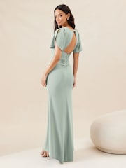 Lipsy Sage Green Petite Short Sleeve Ruched Front Split Bridesmaid Dress - Image 2 of 4