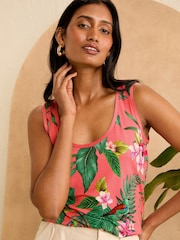 Love & Roses Pink Tropical Print Jersey Scoop Neck Vest Top - Image 1 of 4