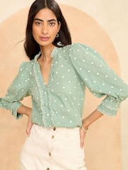 Love & Roses Green and White Dobby Embroidered V Neck 3/4 Sleeve Blouse - Image 1 of 4