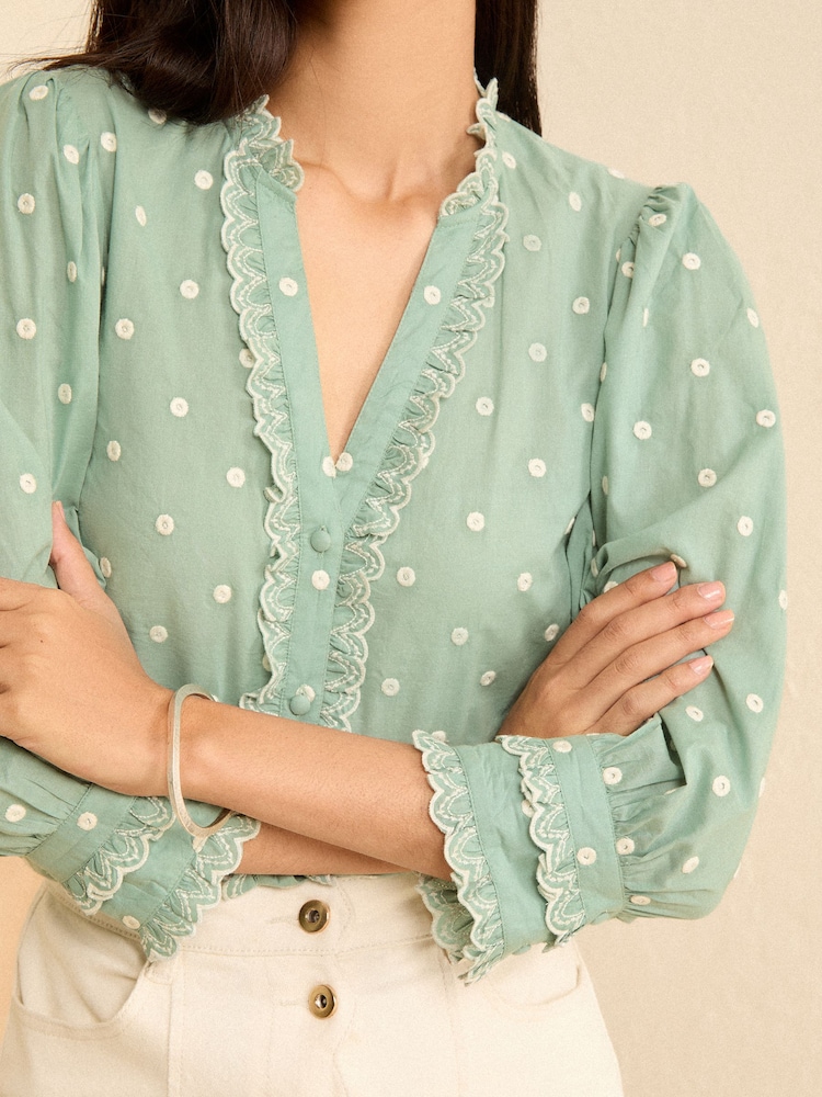 Love & Roses Green and White Dobby Embroidered V Neck 3/4 Sleeve Blouse - Image 2 of 4 Love & Roses Green and White Dobby Embroidered V Neck 3/4 Sleeve Blouse - Image 2 of 4