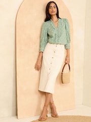 Love & Roses Green and White Dobby Embroidered V Neck 3/4 Sleeve Blouse - Image 4 of 4