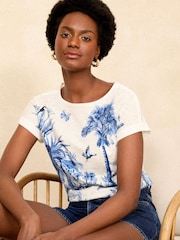 Love & Roses Blue Scenic Tropical Print Petite Crew Neck Woven Trim Linen Look Jersey T-Shirt - Image 1 of 4