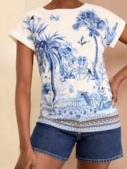 Love & Roses Blue Scenic Tropical Print Petite Crew Neck Woven Trim Linen Look Jersey T-Shirt - Image 2 of 4