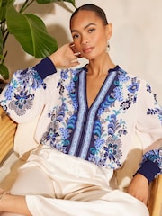 V&A | Love & Roses Blue Paisley Printed V Neck Shirred Cuff Long Sleeve Blouse - Image 1 of 4