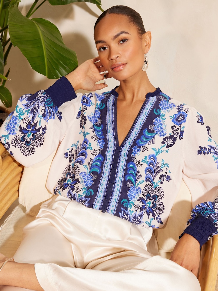 V&A | Love & Roses Blue Paisley Printed V Neck Shirred Cuff Long Sleeve Blouse - Image 1 of 4