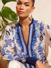 V&A | Love & Roses Blue Paisley Printed V Neck Shirred Cuff Long Sleeve Blouse - Image 2 of 4