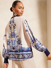 V&A | Love & Roses Blue Paisley Printed V Neck Shirred Cuff Long Sleeve Blouse - Image 3 of 4
