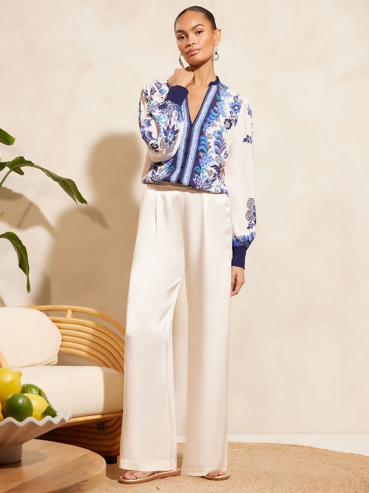 V&A | Love & Roses Blue Paisley Printed V Neck Shirred Cuff Long Sleeve Blouse - Image 4 of 4