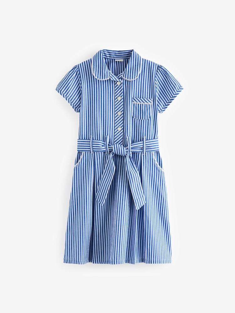 Girls Next Blue Stripe Cotton Rich Belted School Dress with Scrunchie (3-14yrs) 7 Years Girls Next Blue Stripe Cotton Rich Belted School Dress with Scrunchie (3-14yrs) 7 Years