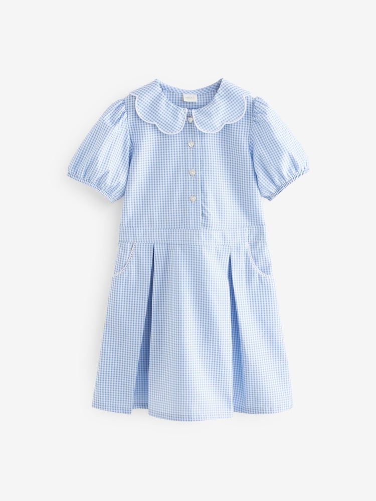 Niebieski - Sukienka szkolna z dużą zawartością bawełny, wzorem w kratę Gingham i muszelkowym kołnierzykiem (3–14 lat) - Image 5 of 8
