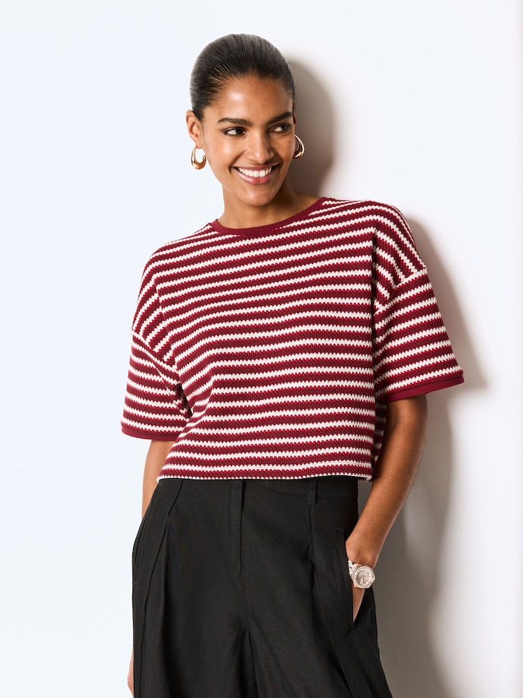 Red and Cream Stripe Short Sleeve Heavyweight Crochet T-Shirt - Image 1 of 6