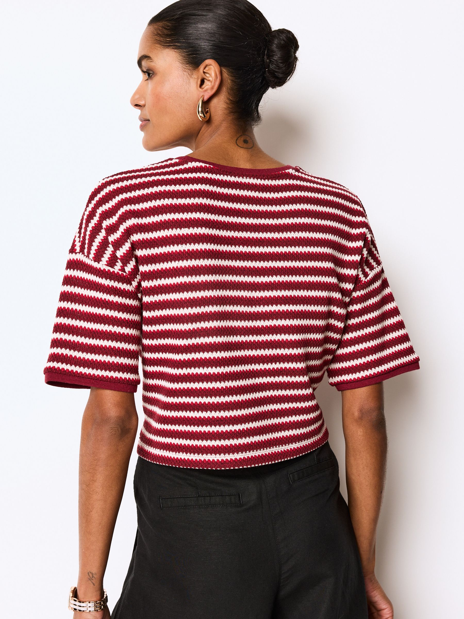 Buy Red and Cream Stripe Short Sleeve Heavyweight Crochet T