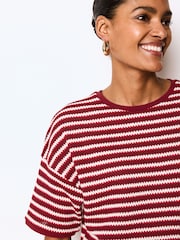 Red and Cream Stripe Short Sleeve Heavyweight Crochet T-Shirt - Image 4 of 6
