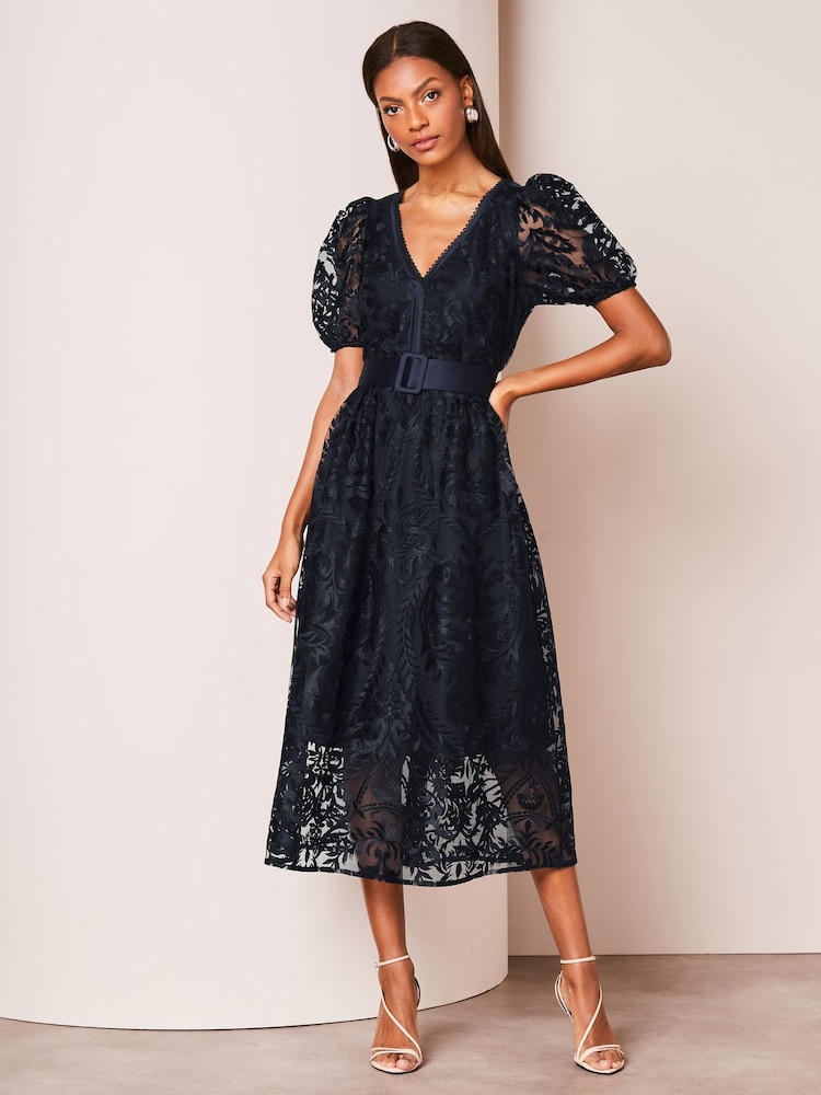 Lipsy Navy Blue Premium Lace Embroidered Puff Sleeve Belted Midi Dress - Image 1 of 4