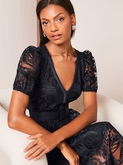 Lipsy Navy Blue Premium Lace Embroidered Puff Sleeve Belted Midi Dress - Image 3 of 4