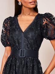 Lipsy Navy Blue Premium Lace Embroidered Puff Sleeve Belted Midi Dress - Image 4 of 4