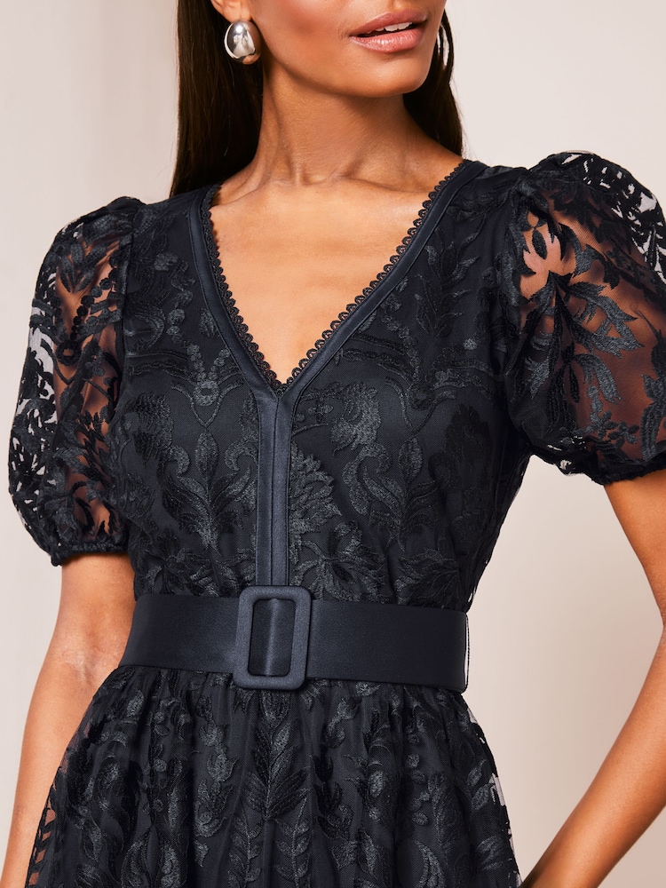 Lipsy Navy Blue Premium Lace Embroidered Puff Sleeve Belted Midi Dress - Image 4 of 4