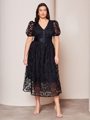 Lipsy Navy Blue Curve Premium Lace Embroidered Puff Sleeve Belted Midi Dress - Image 1 of 3