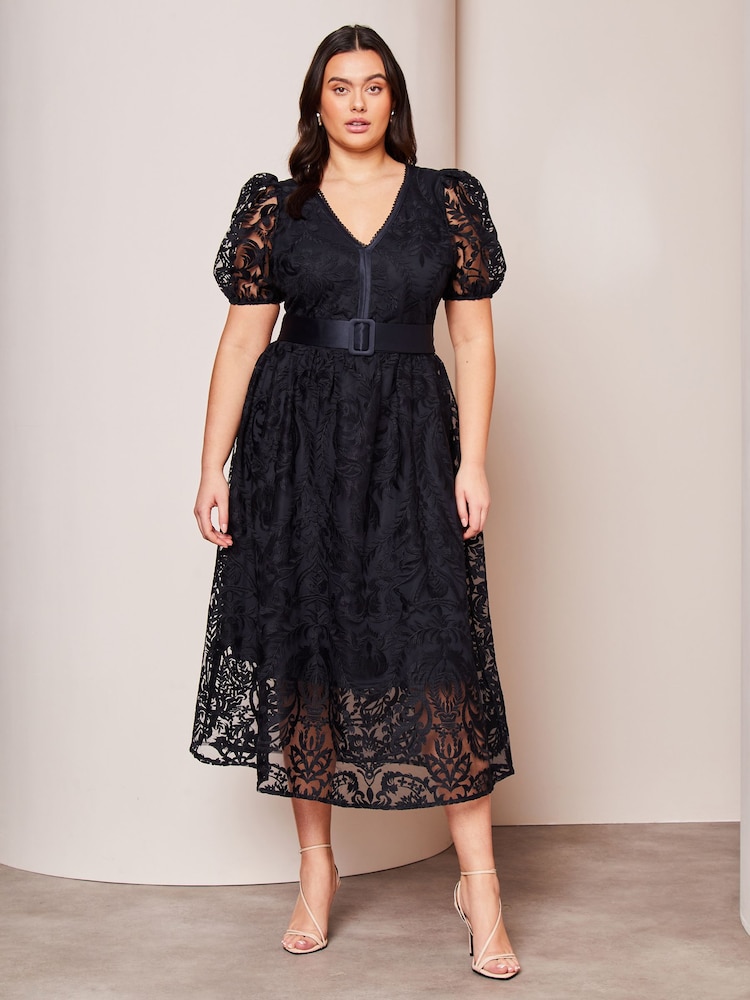 Lipsy Navy Blue Curve Premium Lace Embroidered Puff Sleeve Belted Midi Dress - Image 1 of 3 Lipsy Navy Blue Curve Premium Lace Embroidered Puff Sleeve Belted Midi Dress - Image 1 of 3