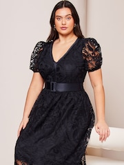 Lipsy Navy Blue Curve Premium Lace Embroidered Puff Sleeve Belted Midi Dress - Image 3 of 3