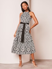 Lipsy Black/White Petite Premium Embroidered Lace Halter Belted Midi Dress - Image 1 of 4