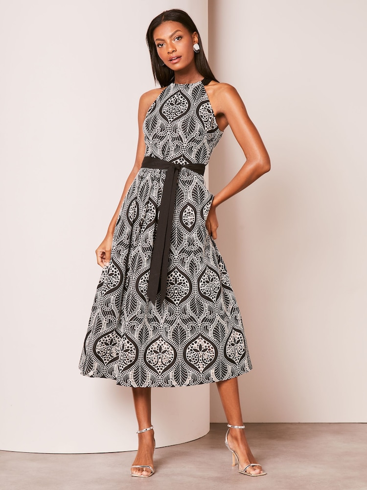 Lipsy Black/White Petite Premium Embroidered Lace Halter Belted Midi Dress - Image 1 of 4