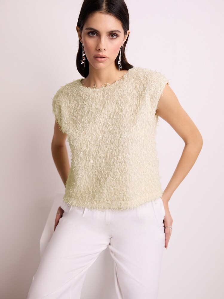 Ecru Short Sleeve Textured Top - Image 1 of 6 Ecru Short Sleeve Textured Top - Image 1 of 6