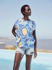 Floral bleu - Col rond  100% Cotton Look Slub Jersey Mancherons Printed T-shirt - Image 1 of 6