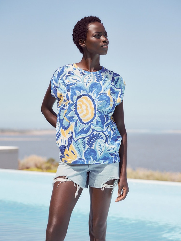 Floral bleu - Col rond  100% Cotton Look Slub Jersey Mancherons Printed T-shirt - Image 1 of 6