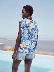 Floral bleu - Col rond  100% Cotton Look Slub Jersey Mancherons Printed T-shirt - Image 3 of 6