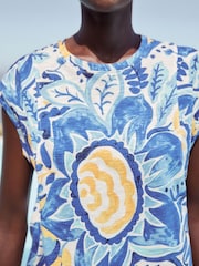 Floral bleu - Col rond  100% Cotton Look Slub Jersey Mancherons Printed T-shirt - Image 4 of 6