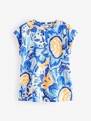 Floral bleu - Col rond  100% Cotton Look Slub Jersey Mancherons Printed T-shirt - Image 5 of 6