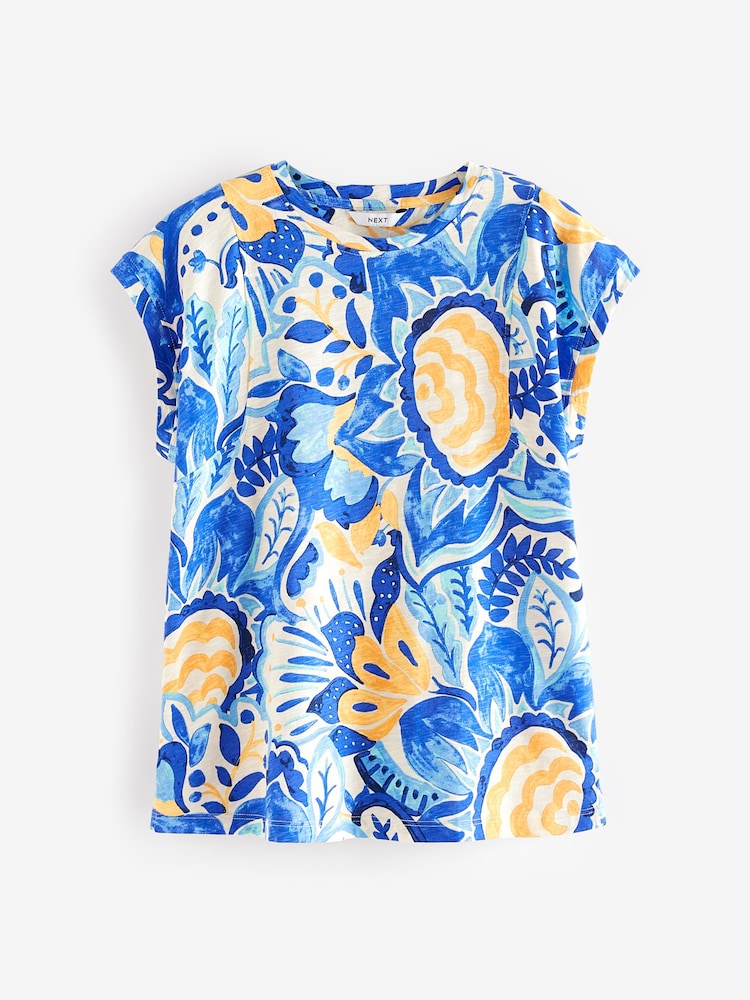 Floral bleu - Col rond  100% Cotton Look Slub Jersey Mancherons Printed T-shirt - Image 5 of 6