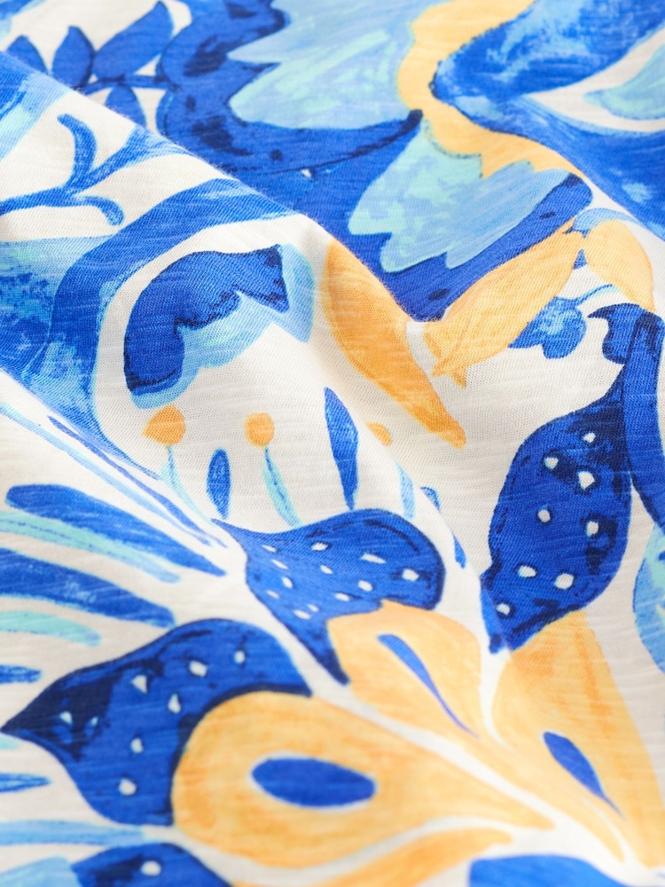 Floral bleu - Col rond  100% Cotton Look Slub Jersey Mancherons Printed T-shirt - Image 6 of 6