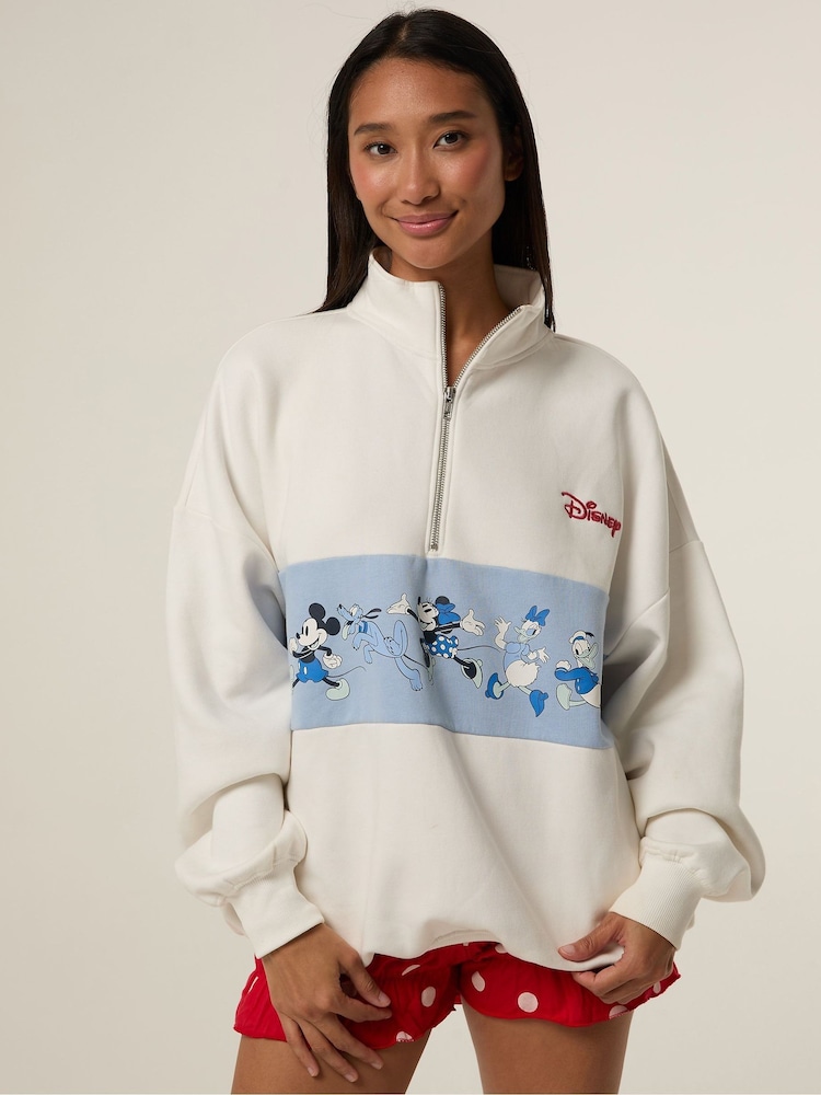 Skinnydip White Disney Mickey Varsity Zip Sweatshirt - Image 1 of 8 Skinnydip White Disney Mickey Varsity Zip Sweatshirt - Image 1 of 8