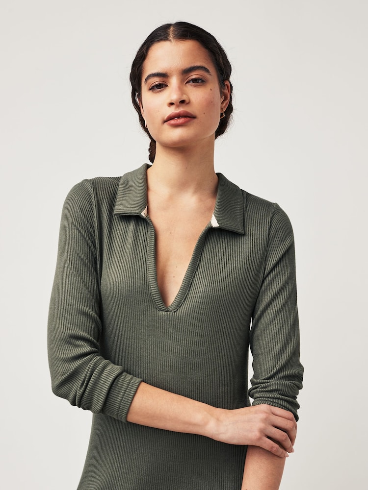 Khaki Midi Ribbed Dress - Image 2 of 7
