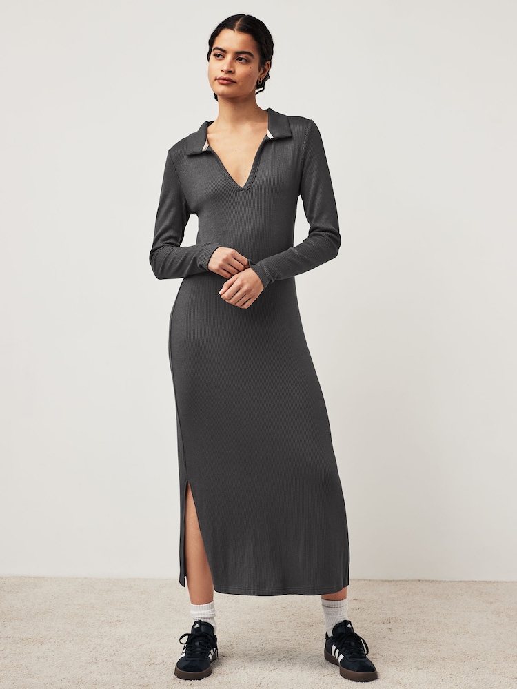 Charcoal Midi Ribbed Dress - Image 1 of 6