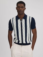 Reiss Navy/White Selwood Colourblock Zip-Through T-Shirt - Image 1 of 7