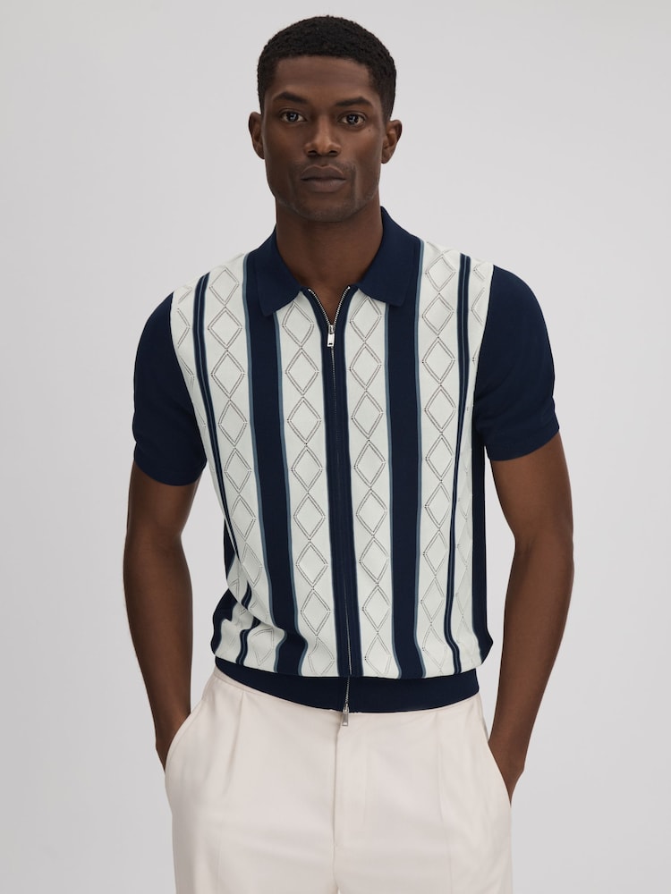 Reiss Navy/White Selwood Colourblock Zip-Through T-Shirt - Image 1 of 7