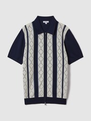 Reiss Navy/White Selwood Colourblock Zip-Through T-Shirt - Image 2 of 7