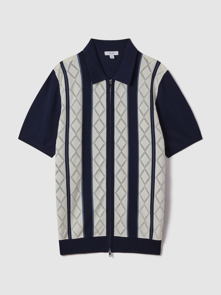 Reiss Navy/White Selwood Colourblock Zip-Through T-Shirt - Image 2 of 7